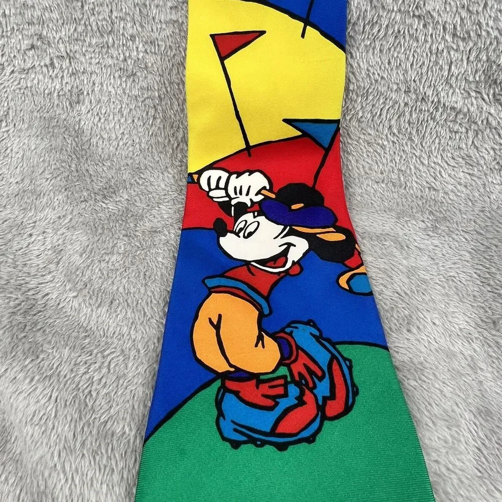 Mickey Mouse Playing Golf Novelty Necktie Tie Silk Blue Green Yellow Vintage NWT